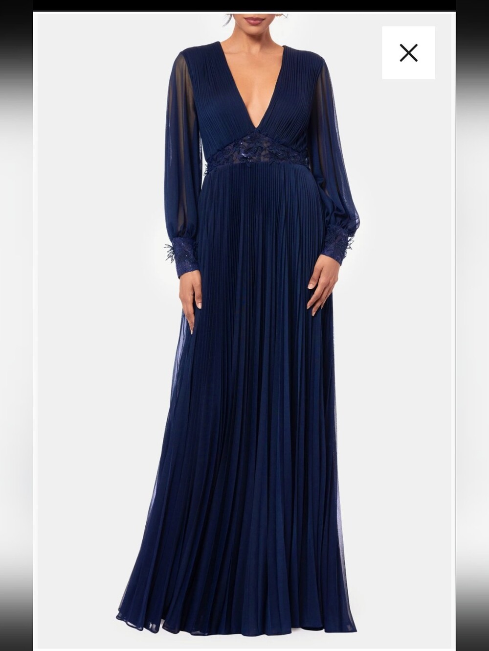 Betsy & Adam NWT Navy Blue Pleated Lace Sequin Maxi Gown Size 14 $289 Flaw